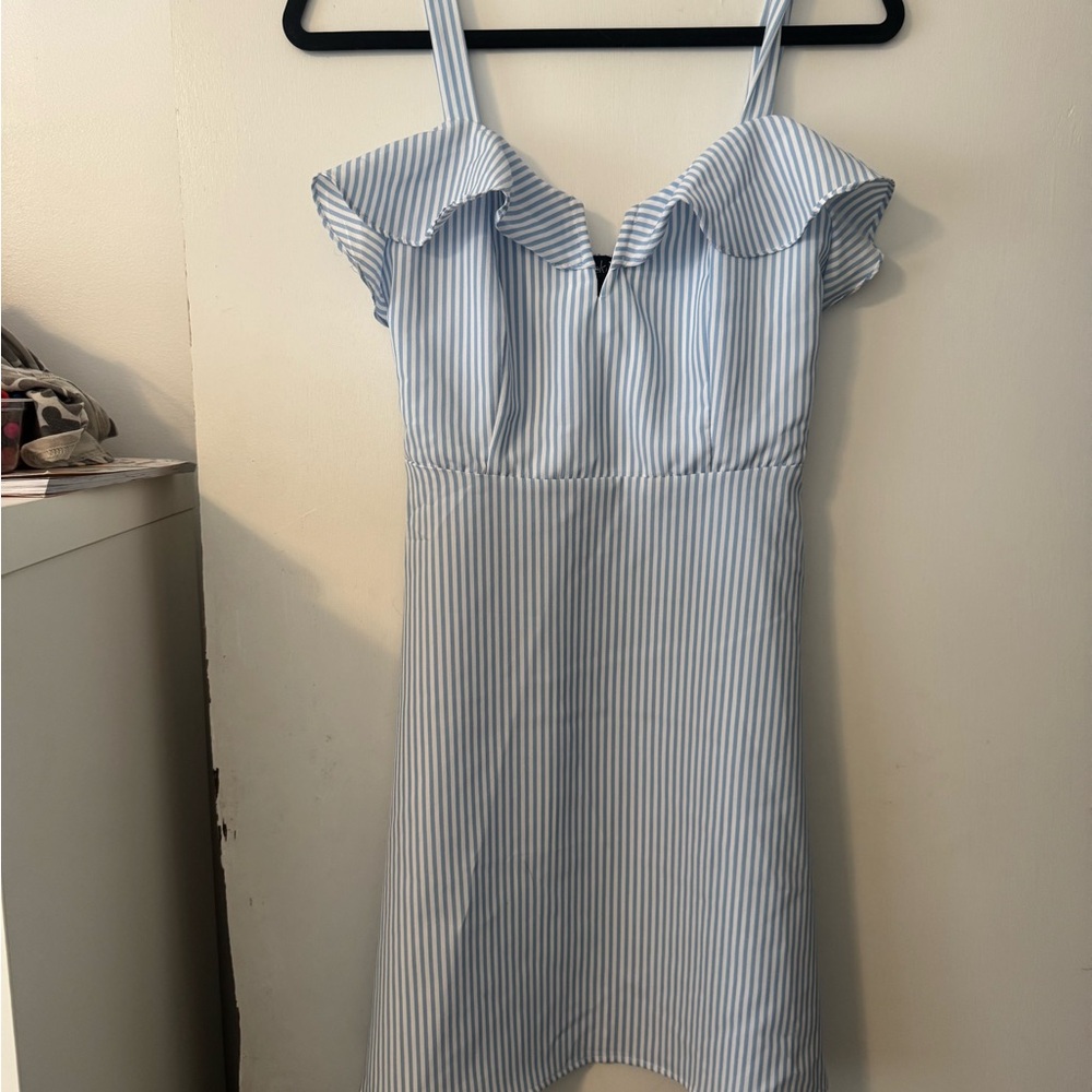 Blue and White Striped Off-Shoulder Dress